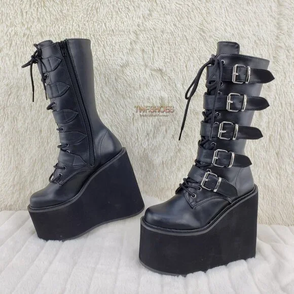 Swing 220 Multi Buckle Black Matte Leatherette Goth Mid-Calf Boot 5.5" Platforms - Picture 3 of 13